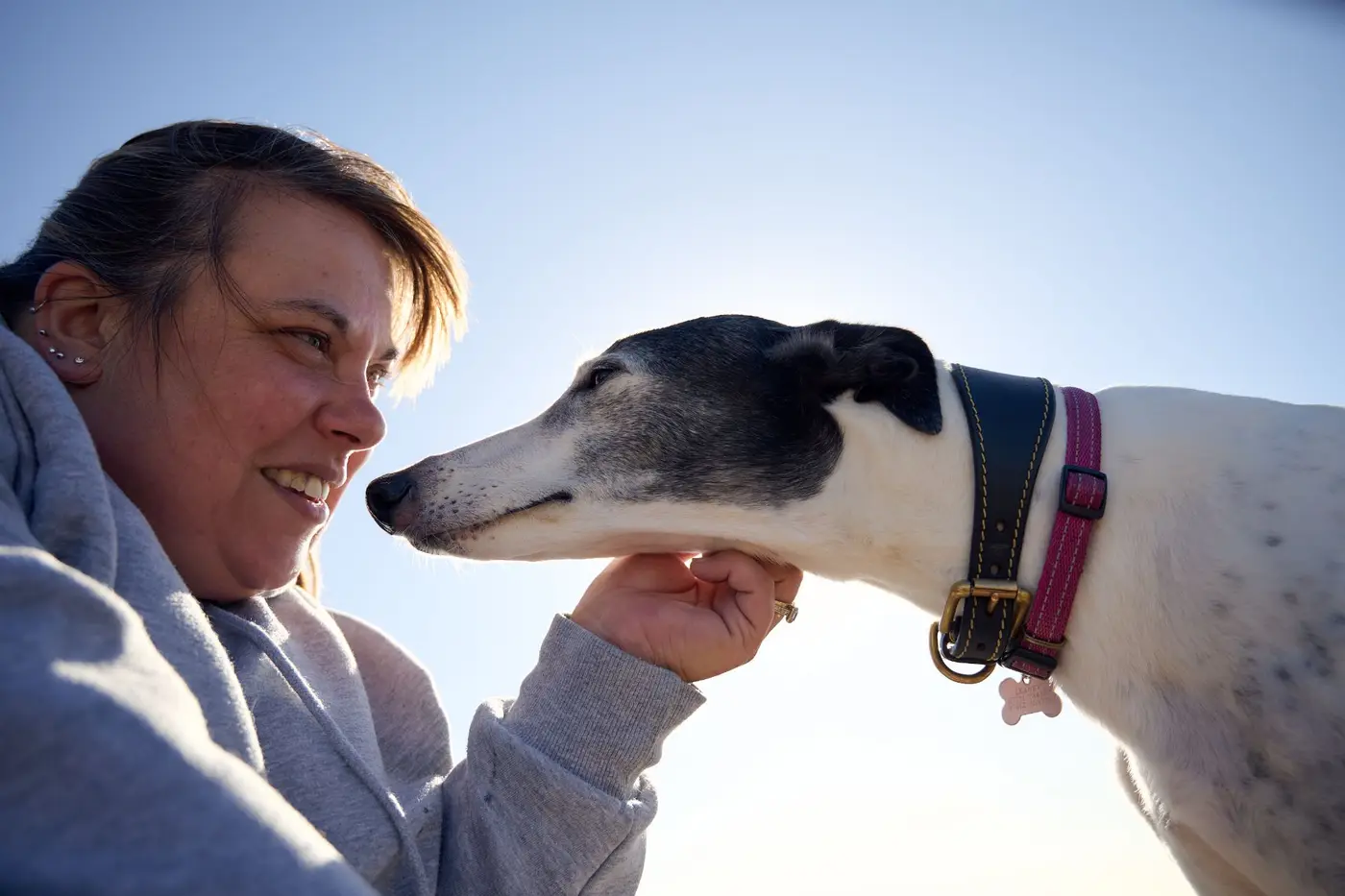greyhound and lady with sun shining on beach